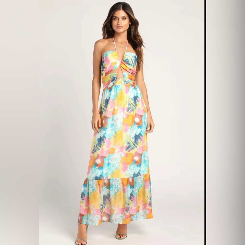 Stunning One Multi Abstract Print Drawstring Halter Maxi Dress